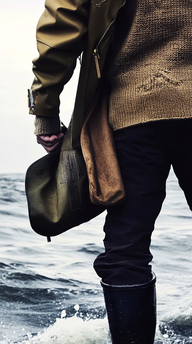 40+ Fisherman Aesthetic Outfits You'll Need To See 21 Person in a brown knitted sweater and boots standing relaxedly by a rugged ocean setting, embodying an adventurous and cozy vibe.
