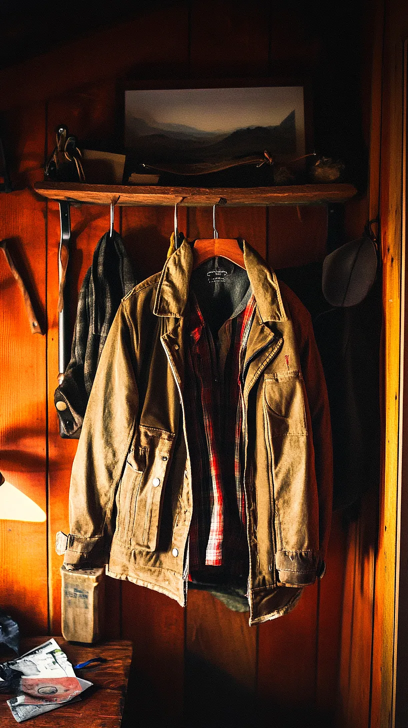 40+ Fisherman Aesthetic Outfits You'll Need To See 38 Rustic interior design with warm lighting, a wooden wall, a jacket and plaid shirt, and various items on a shelf. A small landscape painting adds a charming detail.