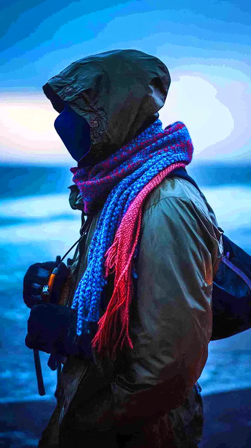 40+ Fisherman Aesthetic Outfits You'll Need To See 31 Image of a mysterious person in winter gear holding a camera, standing on a serene beach at twilight. The stunning colors blend beautifully in the backdrop, evoking a sense of solitude and exploration in nature.