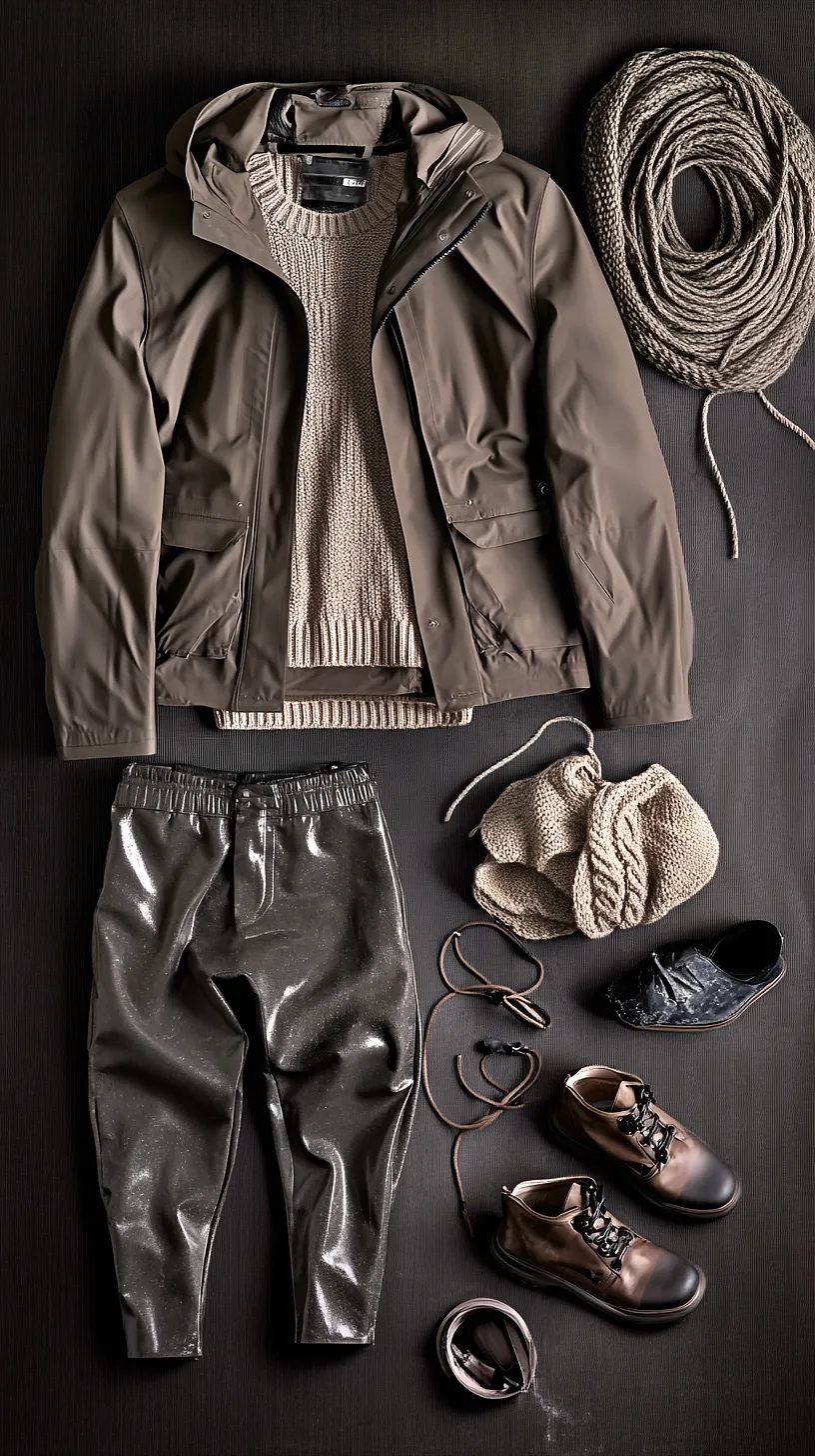 40+ Fisherman Aesthetic Outfits You'll Need To See 13 An outdoor outfit laid out on a dark surface, featuring a brown hooded jacket, a beige knitted sweater, shiny dark-colored pants, coiled rope, mittens, and other accessories. There are also rugged brown and black hiking boots, a black shoe, a belt and additional cords. The ensemble exudes an earthy vibe and is suitable for cooler weather outdoor activities or hiking.