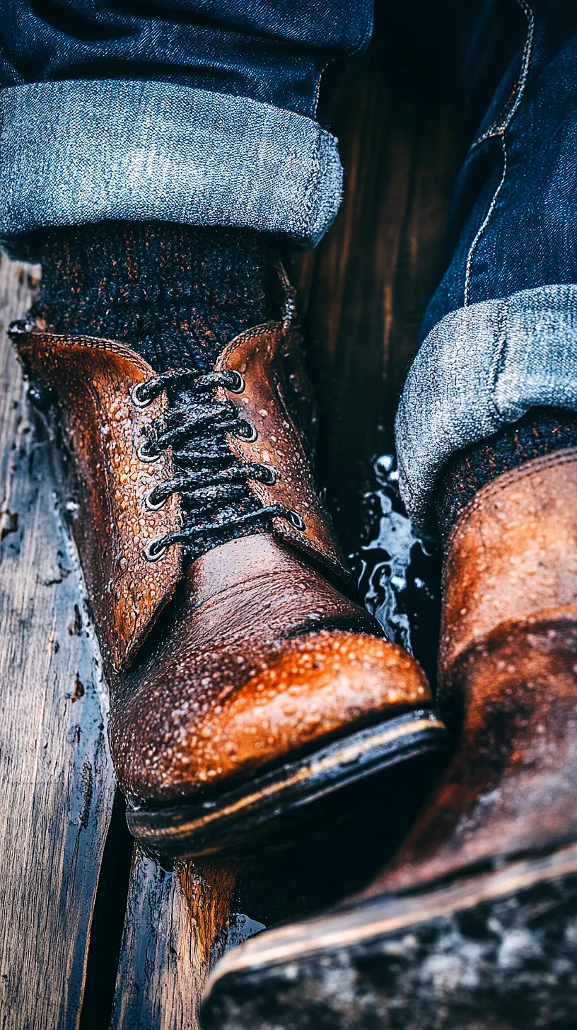 40+ Fisherman Aesthetic Outfits You'll Need To See 25 Brown leather boots with water droplets on them, stylishly paired with rolled-up jeans, placed on a wet wooden surface, hinting at outdoor adventures.