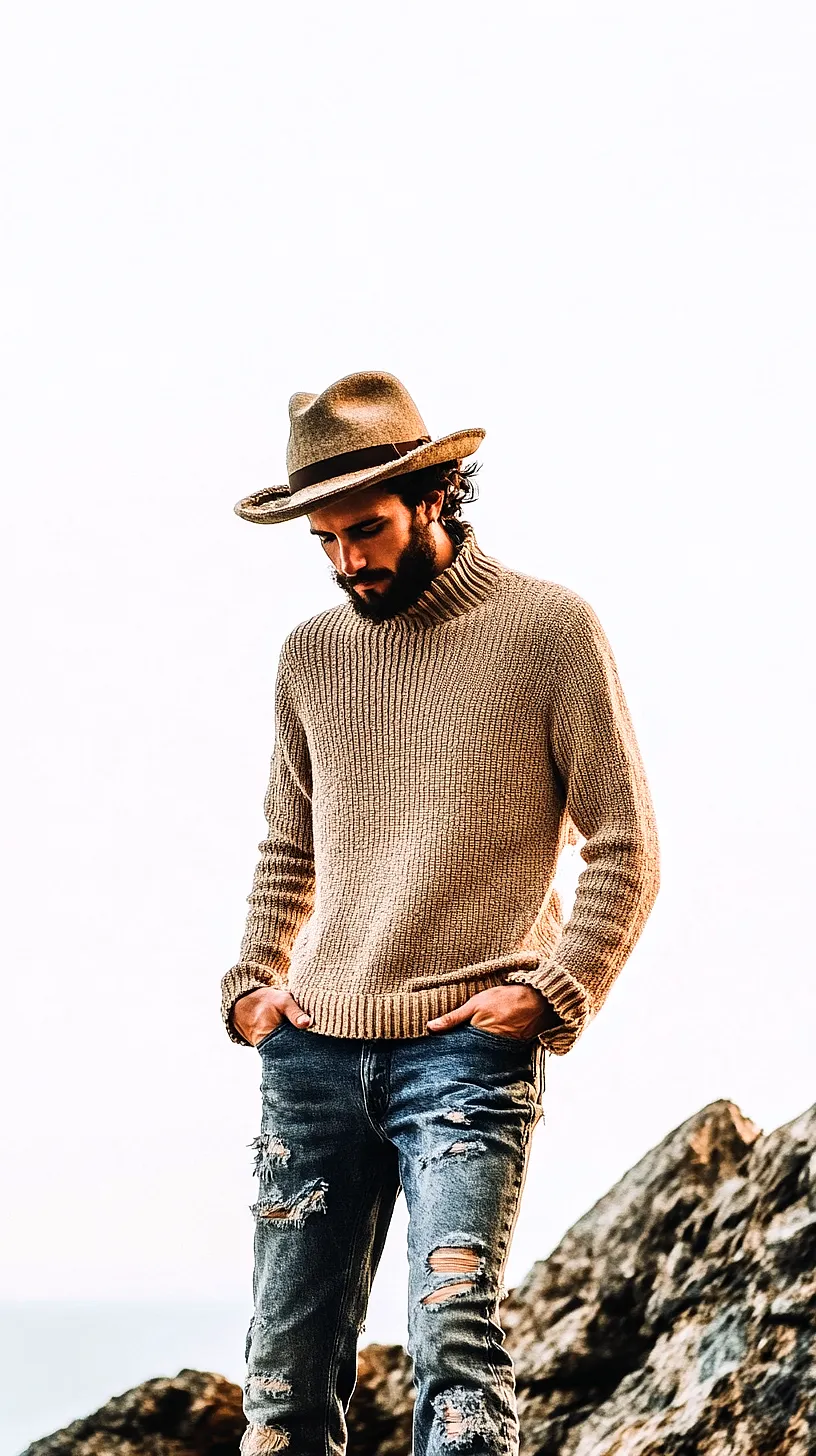40+ Fisherman Aesthetic Outfits You'll Need To See 27 Image of a person in a beige sweater, ripped jeans, and a hat, standing under an open sky, conveying a sense of adventure and free-spiritedness.