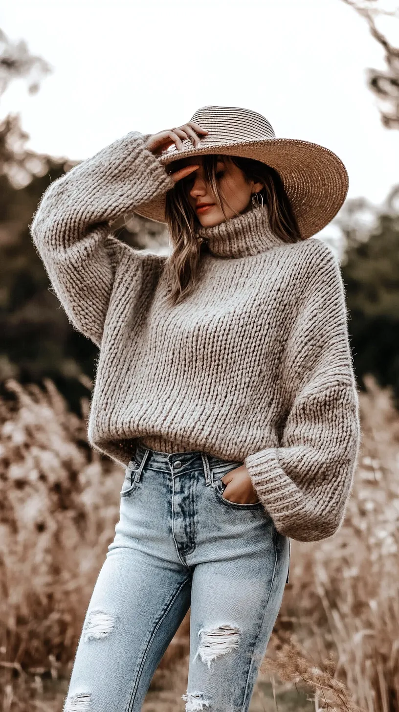 40+ Fisherman Aesthetic Outfits You'll Need To See 28 A woman wearing a chunky knit sweater and high-waisted ripped jeans, accessorized with a wide-brimmed hat. The outfit exudes a blend of comfort, style, and mystery against a blurred natural backdrop, representing a fashionable yet relaxed outdoor vibe.