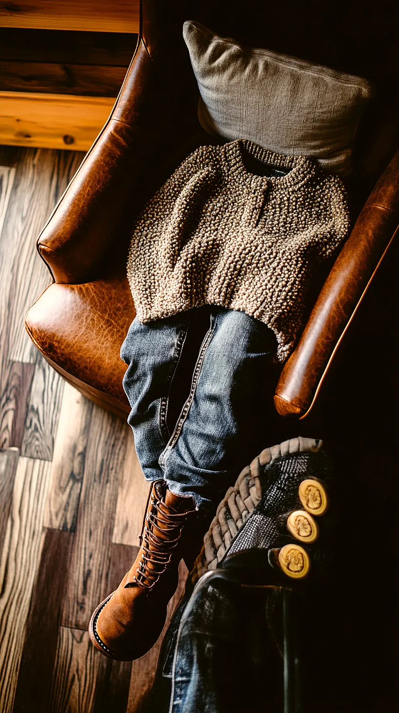 40+ Fisherman Aesthetic Outfits You'll Need To See 17 An image depicting a cozy setup with a sweater, jeans, and brown leather lace-up boots arranged to mimic an invisible person lounging, creating a warm, homely, and stylish vibe.