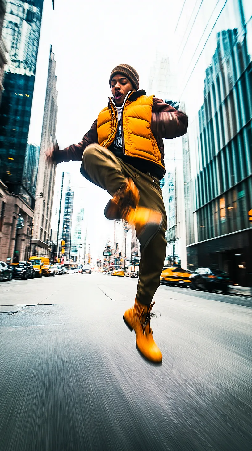 30+ Fisherman Fashion Ideas - The Latest Trend on TikTok 21 Alt-Text: An energetic image of a person mid-air, either kicking or jumping, in a bustling urban setting with blurred cars and tall buildings in the background. The person is wearing a striking yellow puffer vest and boots, adding a cool pop of color. The images undefined nature sparks a sense of adventure and encapsulates the dynamic spirit of city life.