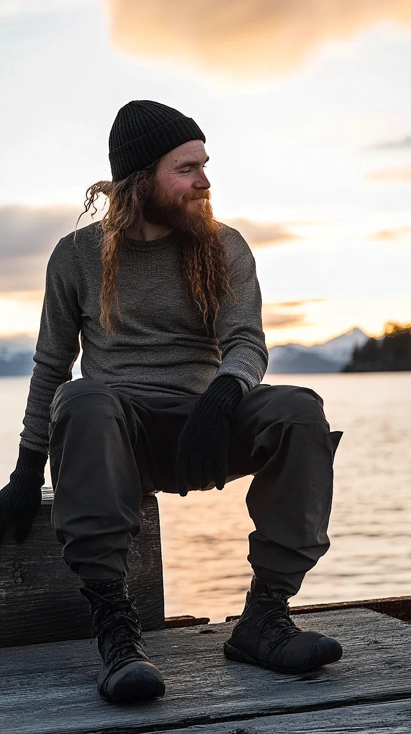 30+ Fisherman Fashion Ideas - The Latest Trend on TikTok 31 A person in a cozy outfit, featuring a beanie and gloves, is peacefully sitting near a serene lake, surrounded by natures beauty. The majestic mountains serve as a stunning backdrop, further enhanced by the aesthetic of a breathtaking sunrise or sunset.