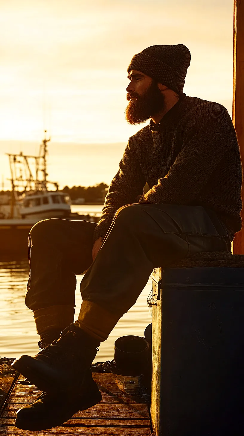 30+ Fisherman Fashion Ideas - The Latest Trend on TikTok 32 Silhouette of a mysterious man with a knit cap and sweater, set against a maritime backdrop during a sunset, creating a captivating and intriguing scene with a cool, laid-back vibe.
