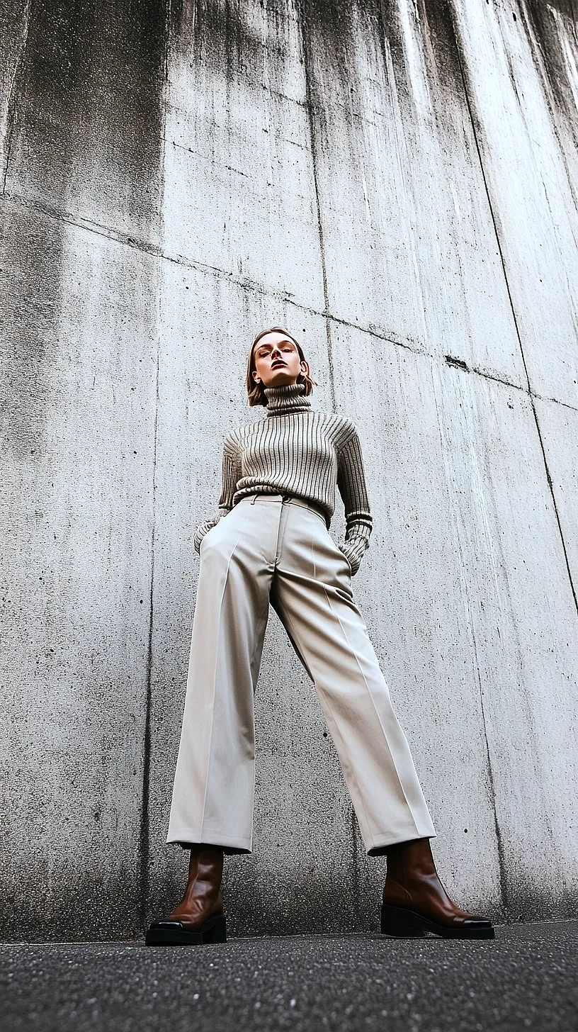 30+ Fisherman Fashion Ideas - The Latest Trend on TikTok 19 Person in chic beige turtleneck and wide-legged cream trousers leaning against a raw concrete wall, captured from a low angle to emphasize the edgy and urban atmosphere.