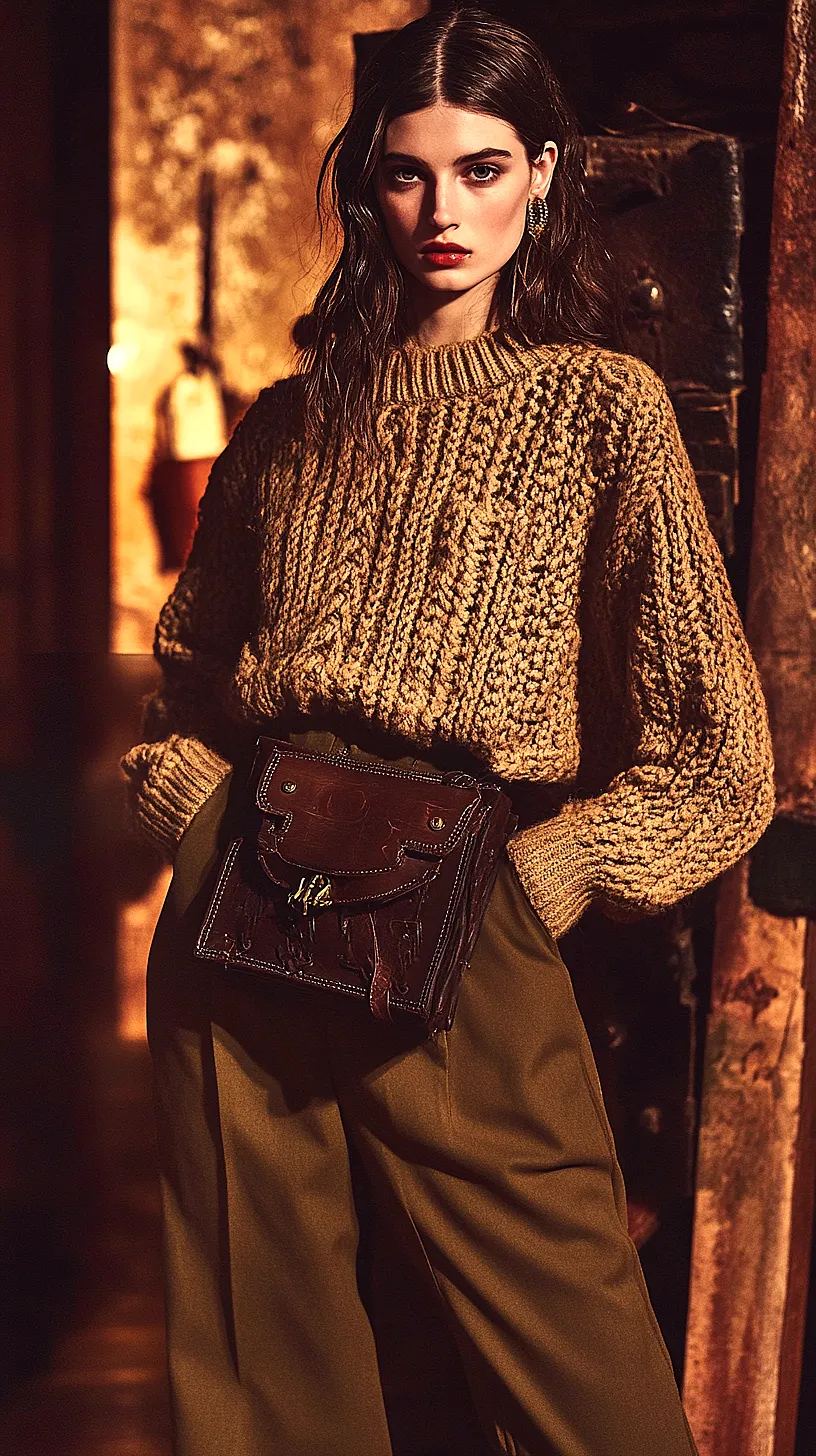 30+ Fisherman Fashion Ideas - The Latest Trend on TikTok 26 An image of a fashionable outfit consisting of a chunky knit sweater and high-waisted trousers, accessorized with a modern leather belt bag. The setting is dimly lit, creating a warm, cozy ambiance.