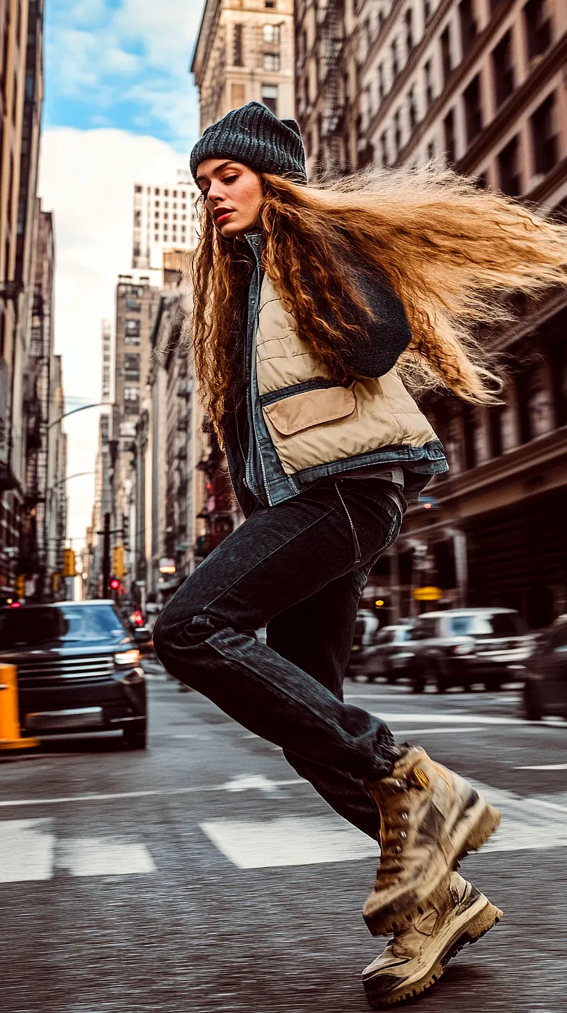 30+ Fisherman Fashion Ideas - The Latest Trend on TikTok 20 Image of a person in motion wearing a beanie, vest, and jeans, blending seamlessly with the urban backdrop of towering buildings and bustling traffic, capturing the essence and dynamism of city life.