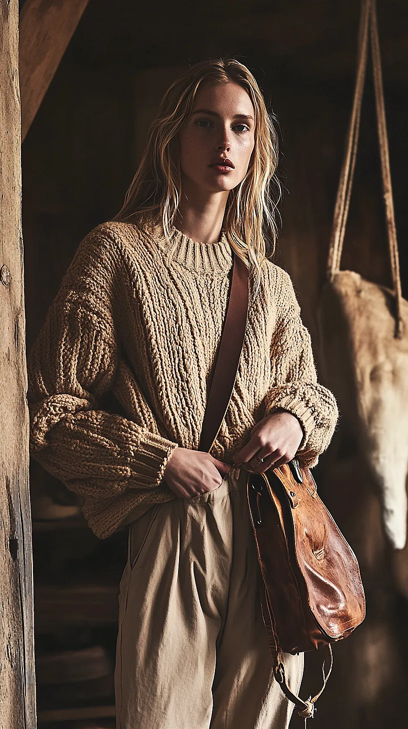 30+ Fisherman Fashion Ideas - The Latest Trend on TikTok 27 An image of a cozy and stylish outfit consisting of a chunky knit sweater and beige pants, accessorized with a brown leather bag. The setting is rustic with wooden beams and warm colors, creating a vintage ambiance.