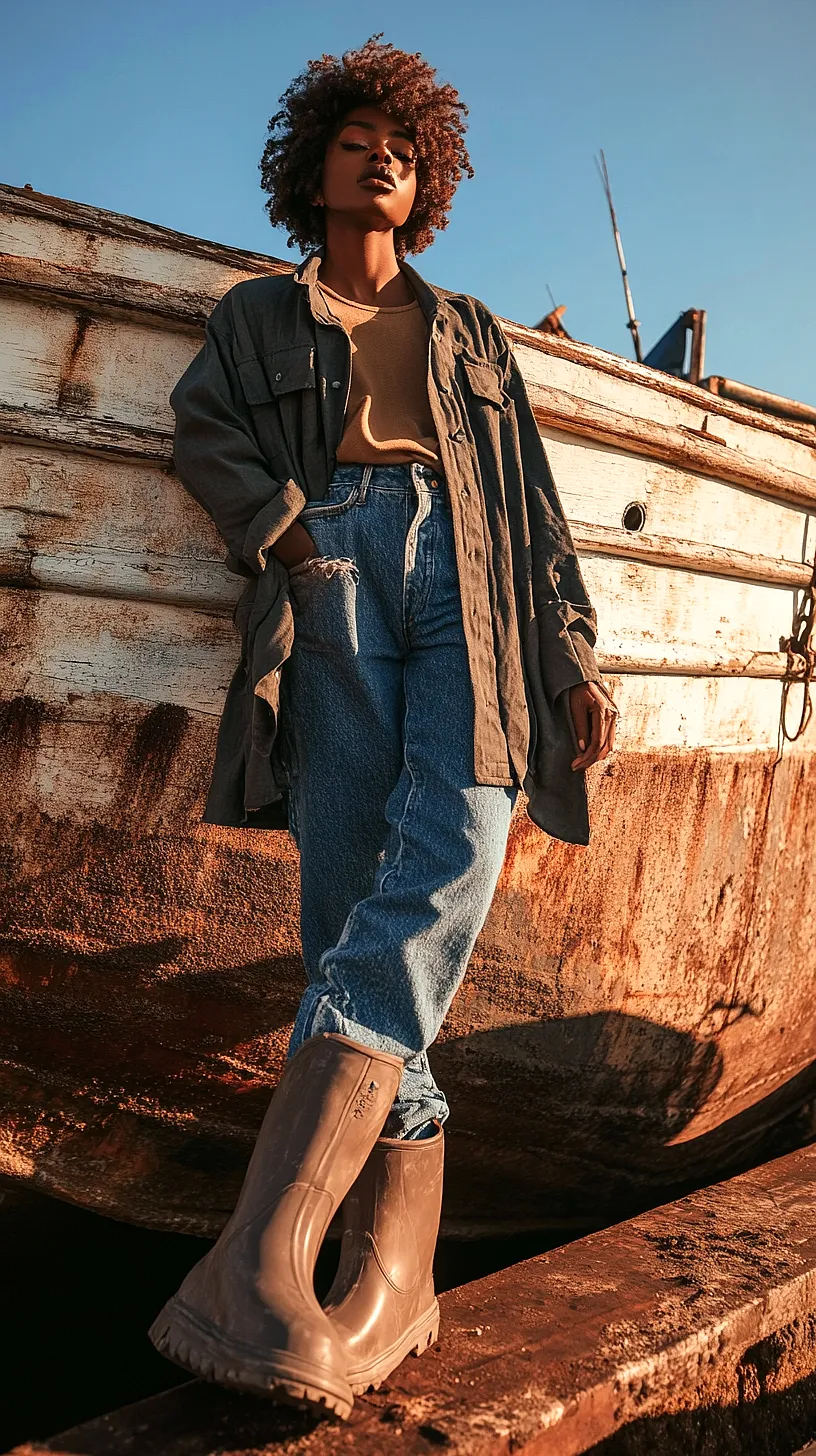 30+ Fisherman Fashion Ideas - The Latest Trend on TikTok 16 Person leaning against a rusty boat, bathed in warm sunlight, dressed in a casual outfit of a well-worn t-shirt, jeans, oversized jacket, and rugged boots, embodying a sense of freedom, adventure, and effortless coolness.