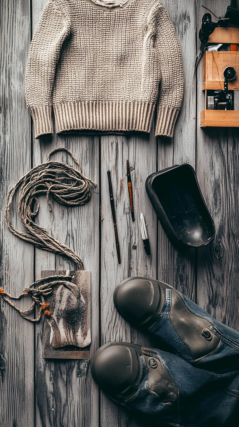 30+ Fisherman Fashion Ideas - The Latest Trend on TikTok 14 Flat lay image of a cozy beige sweater, sturdy black boots, artisan paintbrushes, a vintage camera in a wooden box, a rope coil, and a black tray, creating a rustic and creative aesthetic.