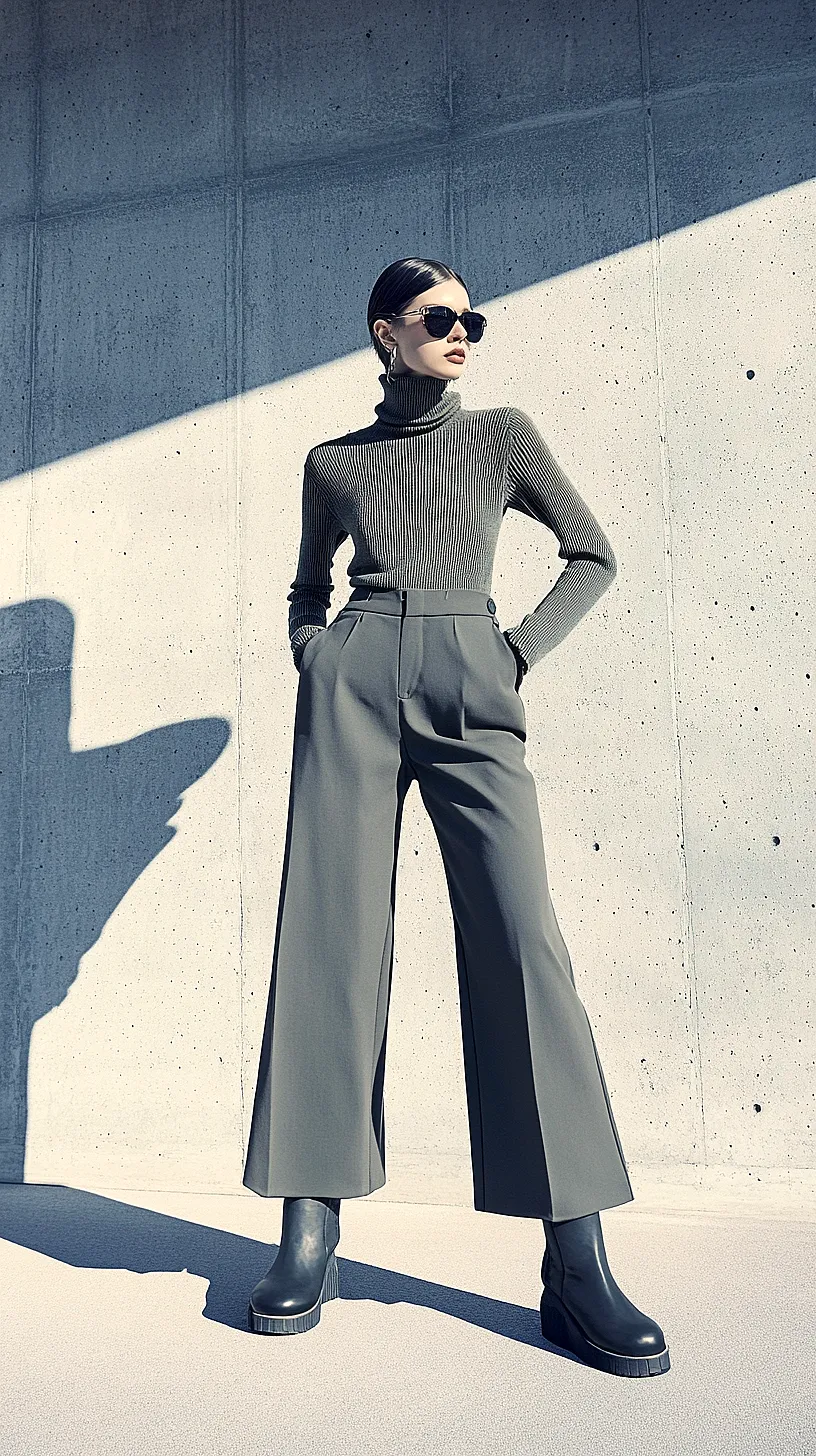 30+ Fisherman Fashion Ideas - The Latest Trend on TikTok 18 A woman wearing a chic outfit consisting of a ribbed turtleneck sweater, high-waisted wide-leg pants, and ankle boots. She is accessorized with sunglasses and is posed against a concrete backdrop, with a strong shadow creating a striking contrast.
