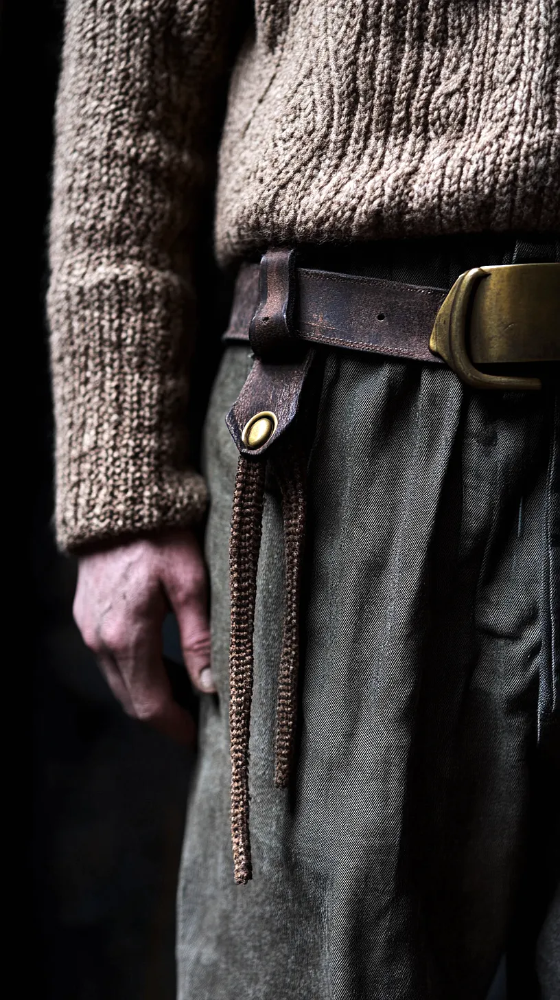 30+ Fisherman Fashion Ideas - The Latest Trend on TikTok 13 Image of a person wearing a textured brown sweater, dark pants, and a brown leather belt with a brass buckle, showcasing a rugged and vintage fashion style.