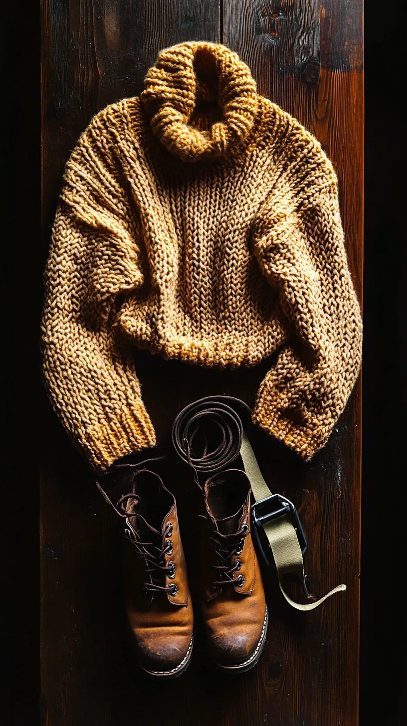 30+ Fisherman Fashion Ideas - The Latest Trend on TikTok 22 Image of a cozy wool sweater and brown leather boots arranged in a rustic style, perfect for chilly fall or winter days. The outfit features simple design, rich textures, and earthy tones.