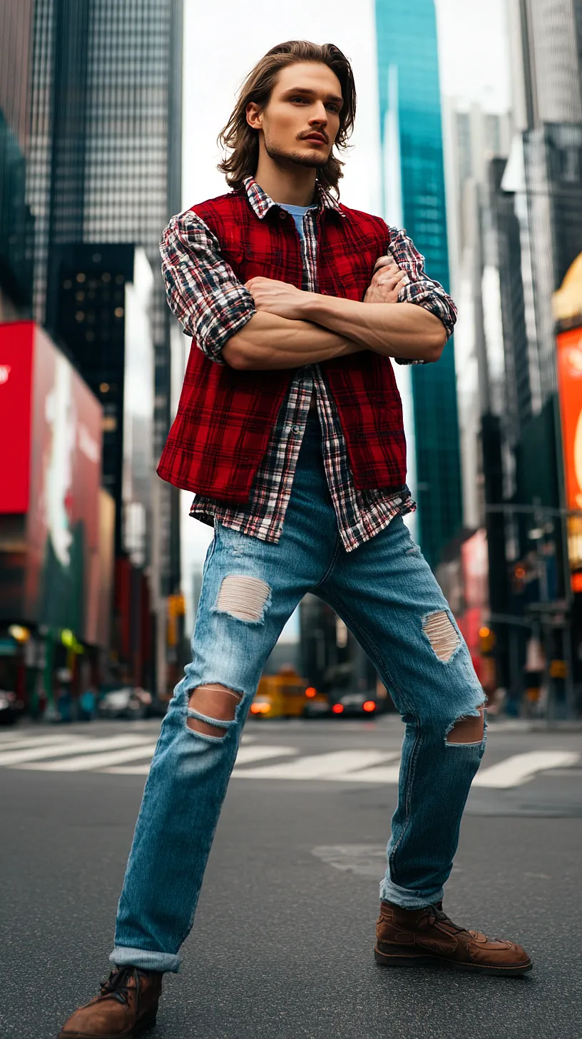 30+ Fisherman Fashion Ideas - The Latest Trend on TikTok 5 Person in urban street style outfit - red plaid shirt, red vest, distressed jeans, and brown shoes, standing confidently on a city street with towering buildings as the backdrop, embodying a cool and contemporary look.
