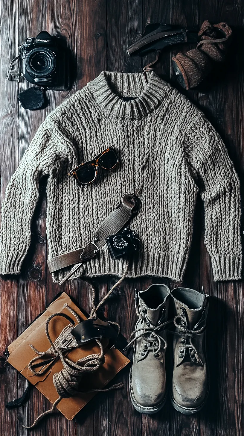30+ Fisherman Fashion Ideas - The Latest Trend on TikTok 23 Flat lay arrangement of adventure and outdoor items including a chunky knit sweater, sunglasses, camera, and boots on a rustic wooden surface.