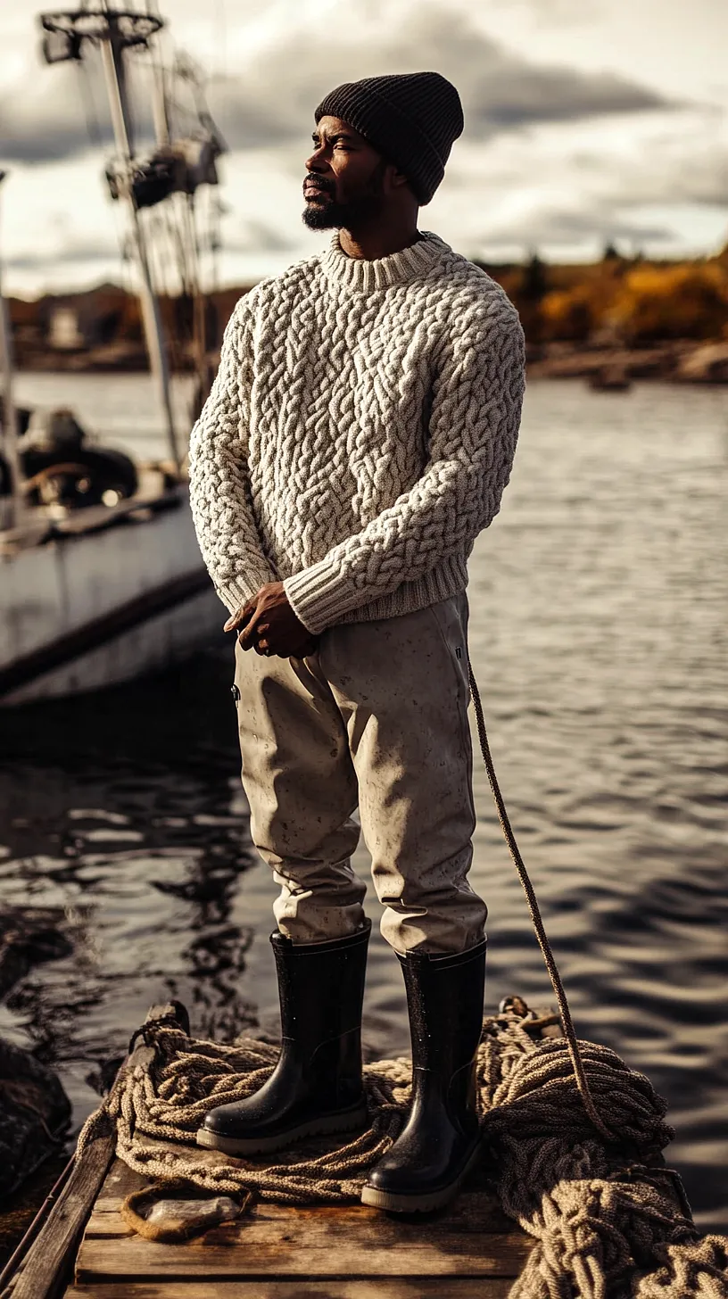 30+ Fisherman Fashion Ideas - The Latest Trend on TikTok 2 Individual in a cable-knit sweater and rubber boots standing on a wooden platform surrounded by ropes, with a boat in the background, reflecting a rugged, nautical theme.