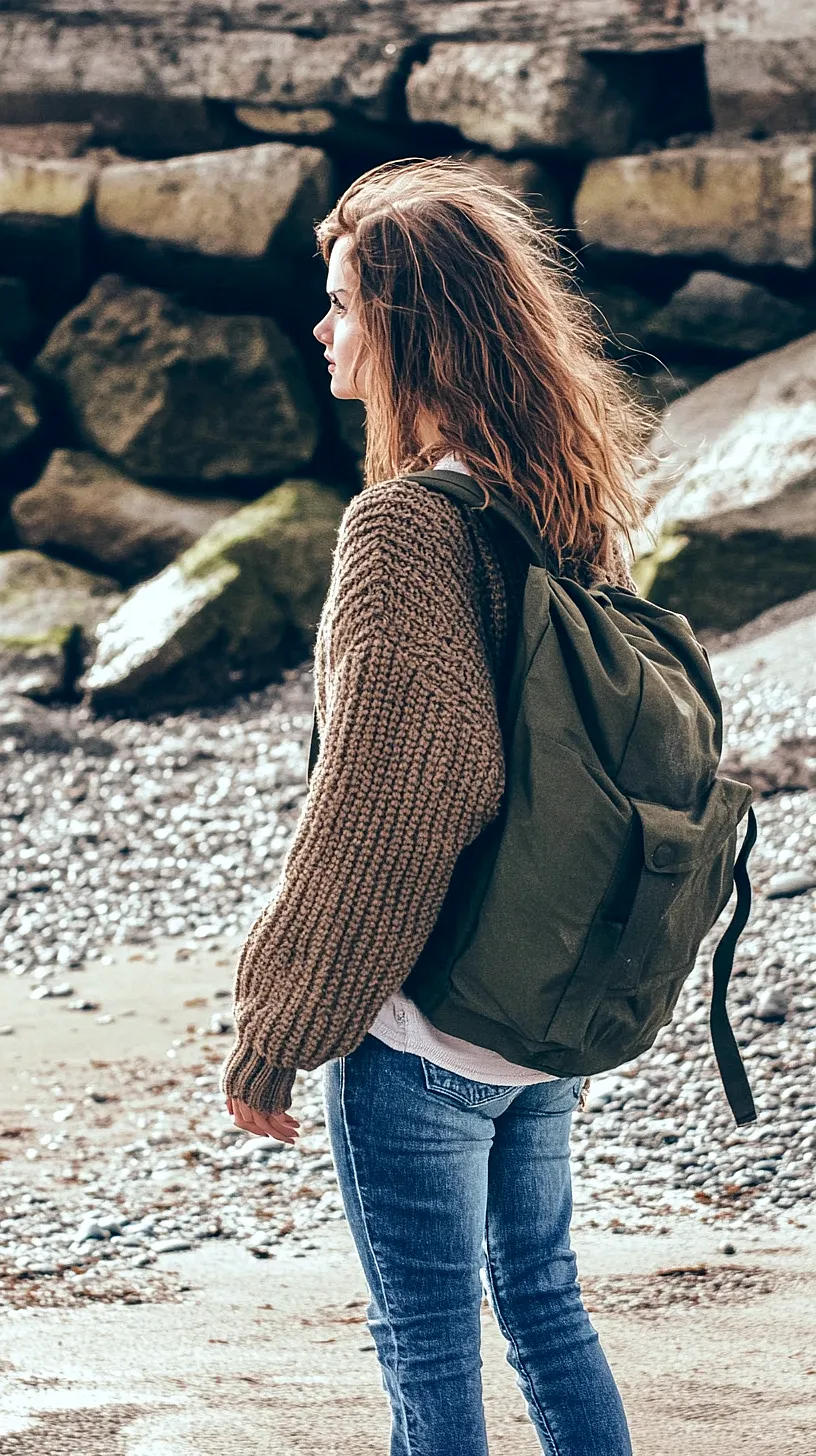 30+ Fisherman Fashion Ideas - The Latest Trend on TikTok 9 Image of a rocky beach setting with an individual wearing a cozy brown knit sweater and jeans, carrying a vibrant green backpack, giving an adventurous and serene feel.