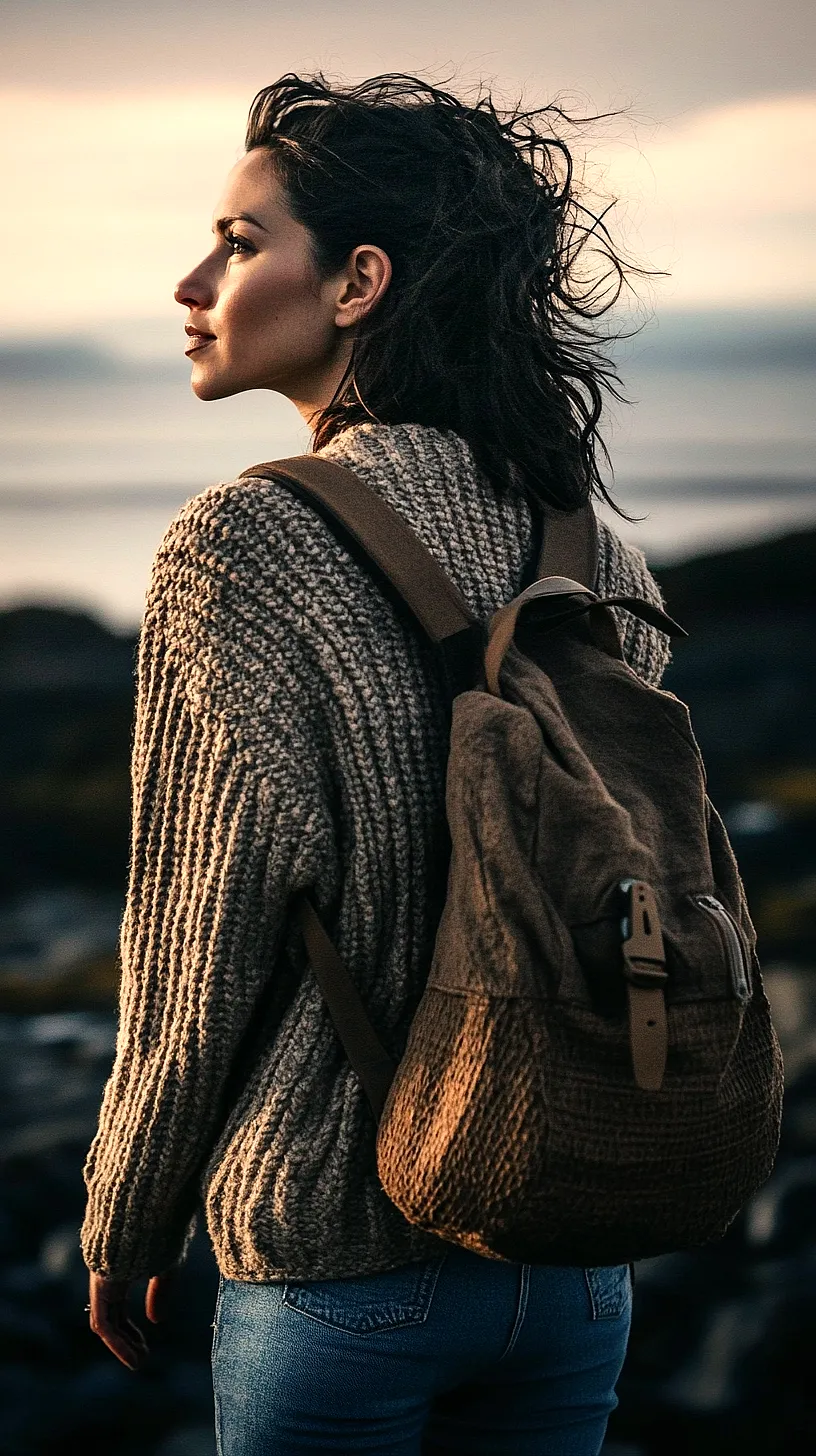 30+ Fisherman Fashion Ideas - The Latest Trend on TikTok 8 A silhouette of a person with dark hair, wearing a knitted sweater and a brown backpack, standing against a breathtaking backdrop of the ocean at sunset, encapsulating the allure and mystery of the great outdoors.
