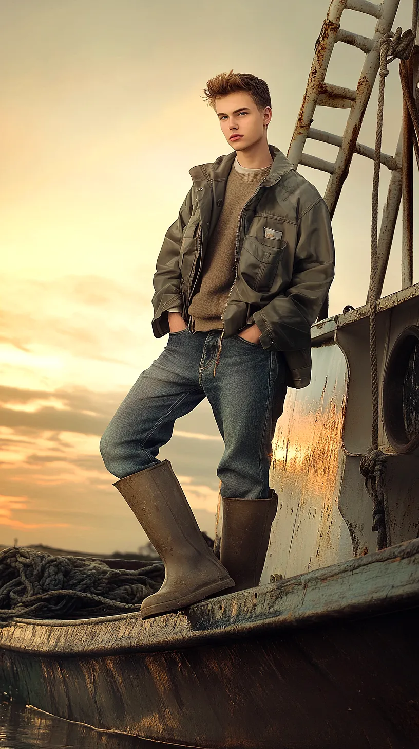 30+ Fisherman Fashion Ideas - The Latest Trend on TikTok 15 A person in a dark outfit standing alone on a boat, contrasted against a vibrant sunset. Theyre surrounded by a rusty ladder and ropes, evoking a sense of solitary adventure amidst the beauty of nature.