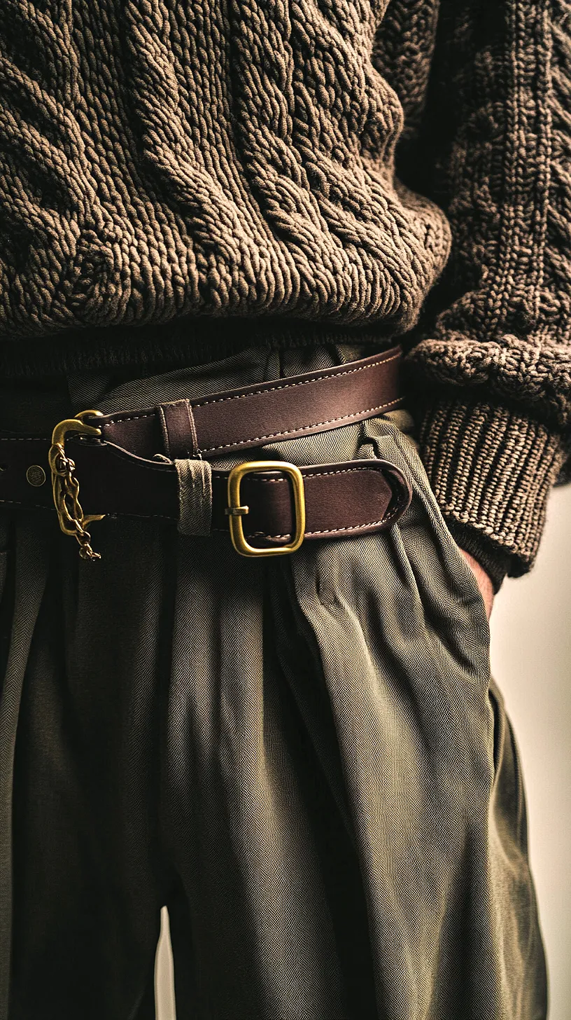 30+ Fisherman Fashion Ideas - The Latest Trend on TikTok 12 Person wearing a textured brown cable-knit sweater and loose pants, accessorized with a double-belted gold buckle item. The layered outfit exudes a chic, unique and cozy vibe.