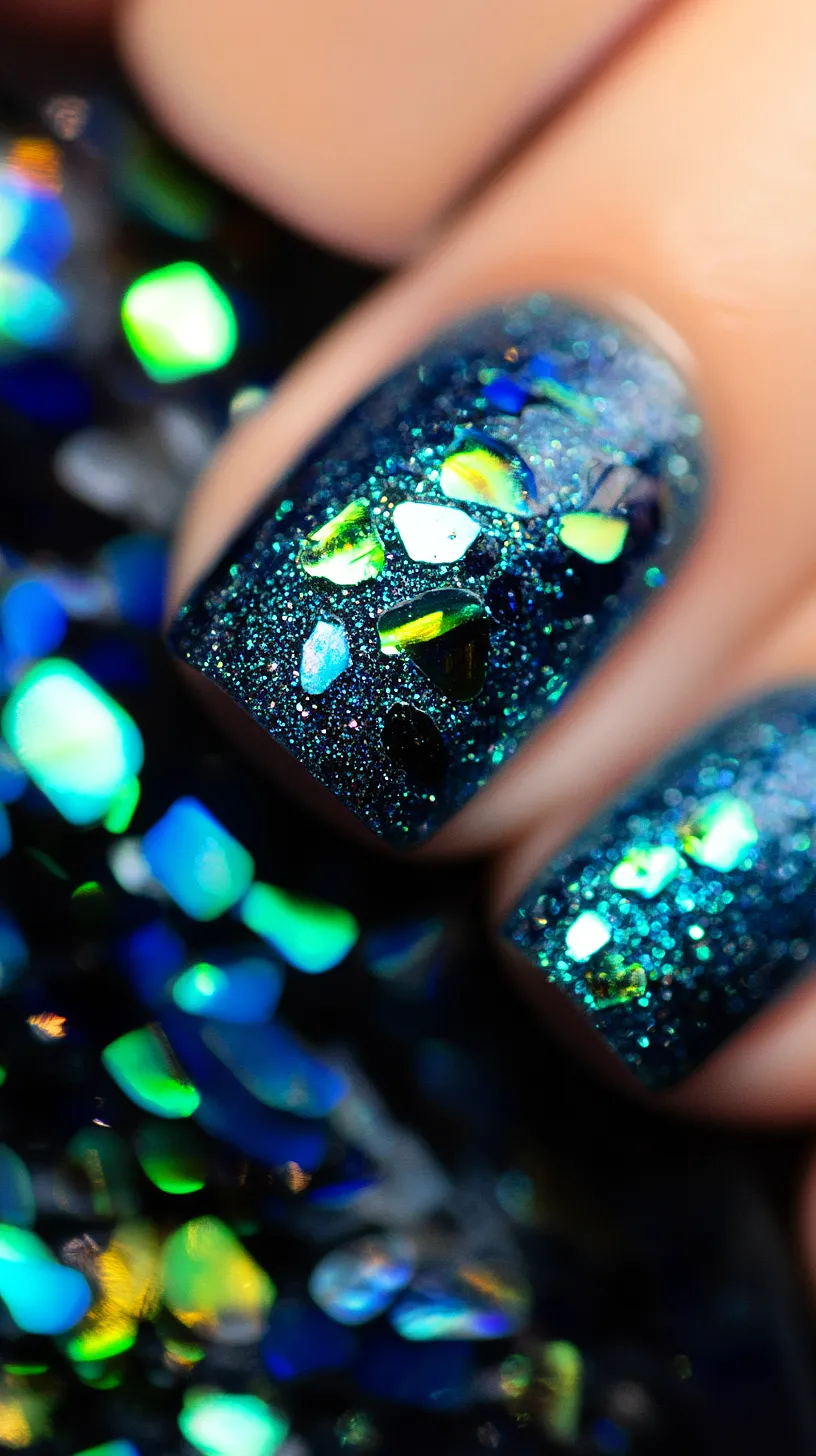 40+ Aesthetic Ocean Nails You Will Adore 14 Image of a dark blue nail design adorned with glitter and iridescent flakes reflecting shades of green, blue, and gold, creating a mesmerizing, sparkling universe-like appearance.