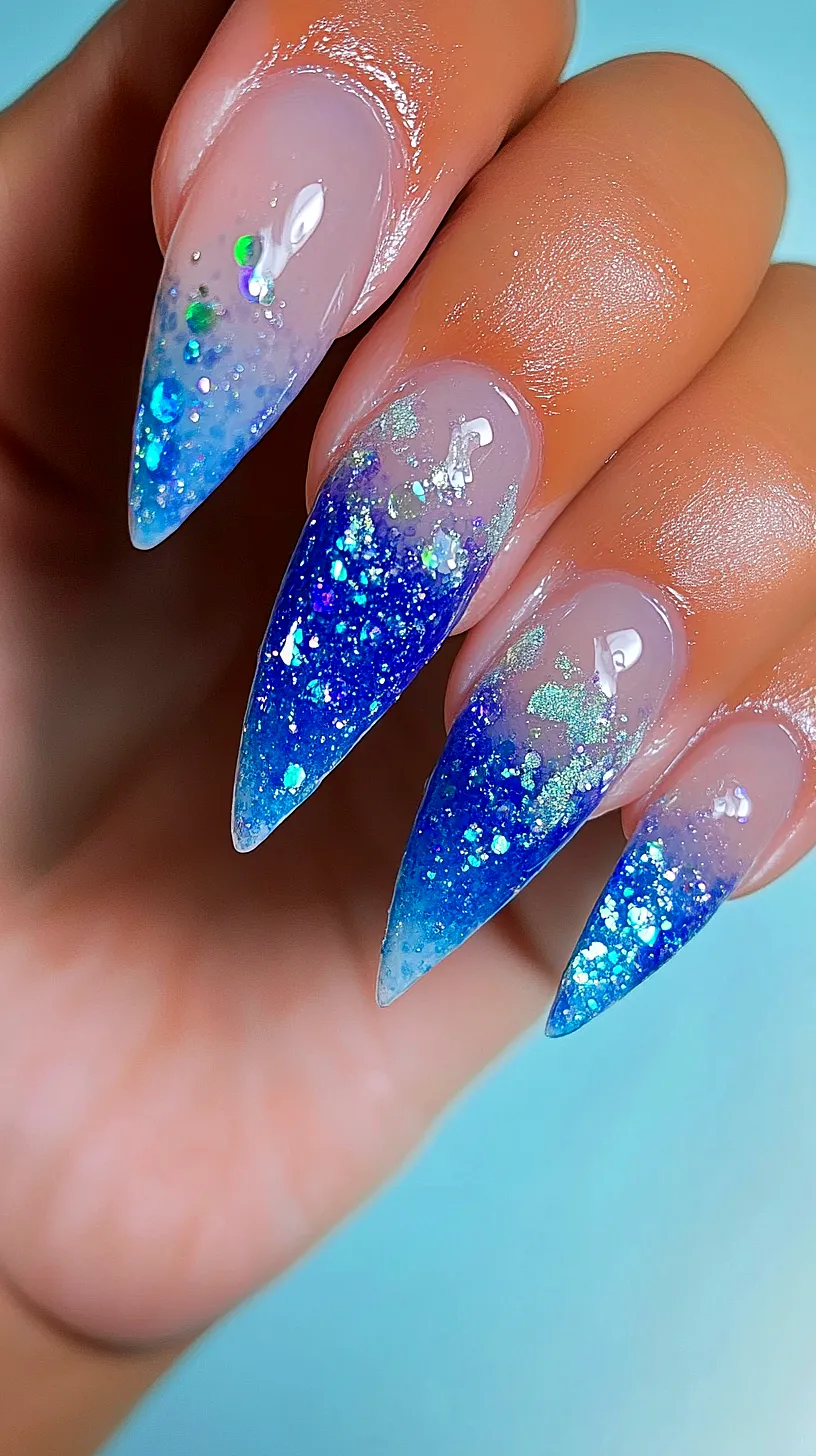 40+ Aesthetic Ocean Nails You Will Adore 44 Image of a captivating nail design with a blue ombre effect transitioning from natural to vibrant blue, enhanced with glitter and sequins, resembling a piece of the night sky on the fingertips.