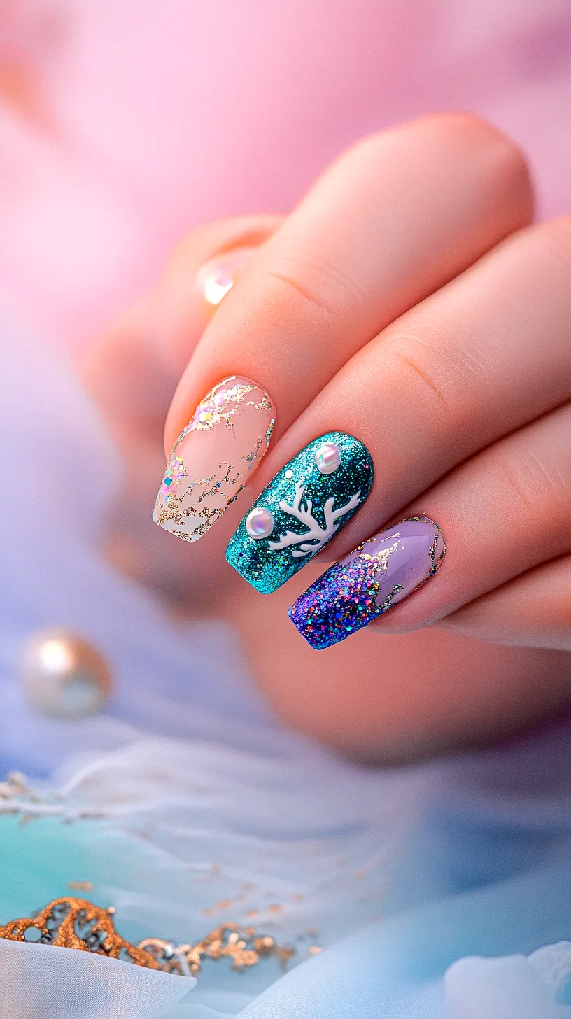 40+ Aesthetic Ocean Nails You Will Adore 18 Elaborately designed nail art featuring a stunning blend of blue, purple, and nude colors, adorned with glitter, pearls, and intricate patterns, making a bold fashion statement.