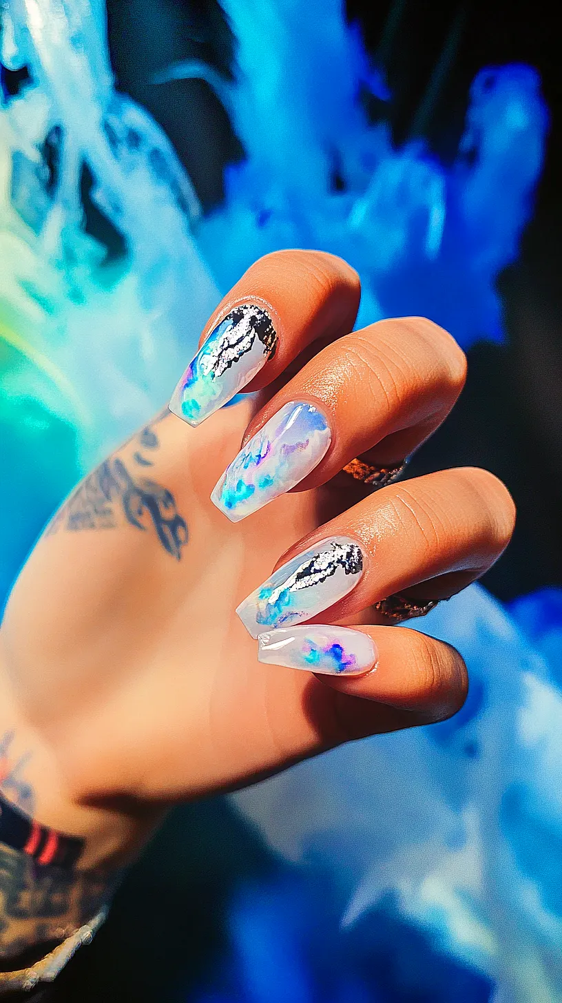 40+ Aesthetic Ocean Nails You Will Adore 26 Image of a hand with unique marbled nail design in blue, purple, black, and white against a blurred blue background. A visible tattoo adds an edgy touch to the overall look.