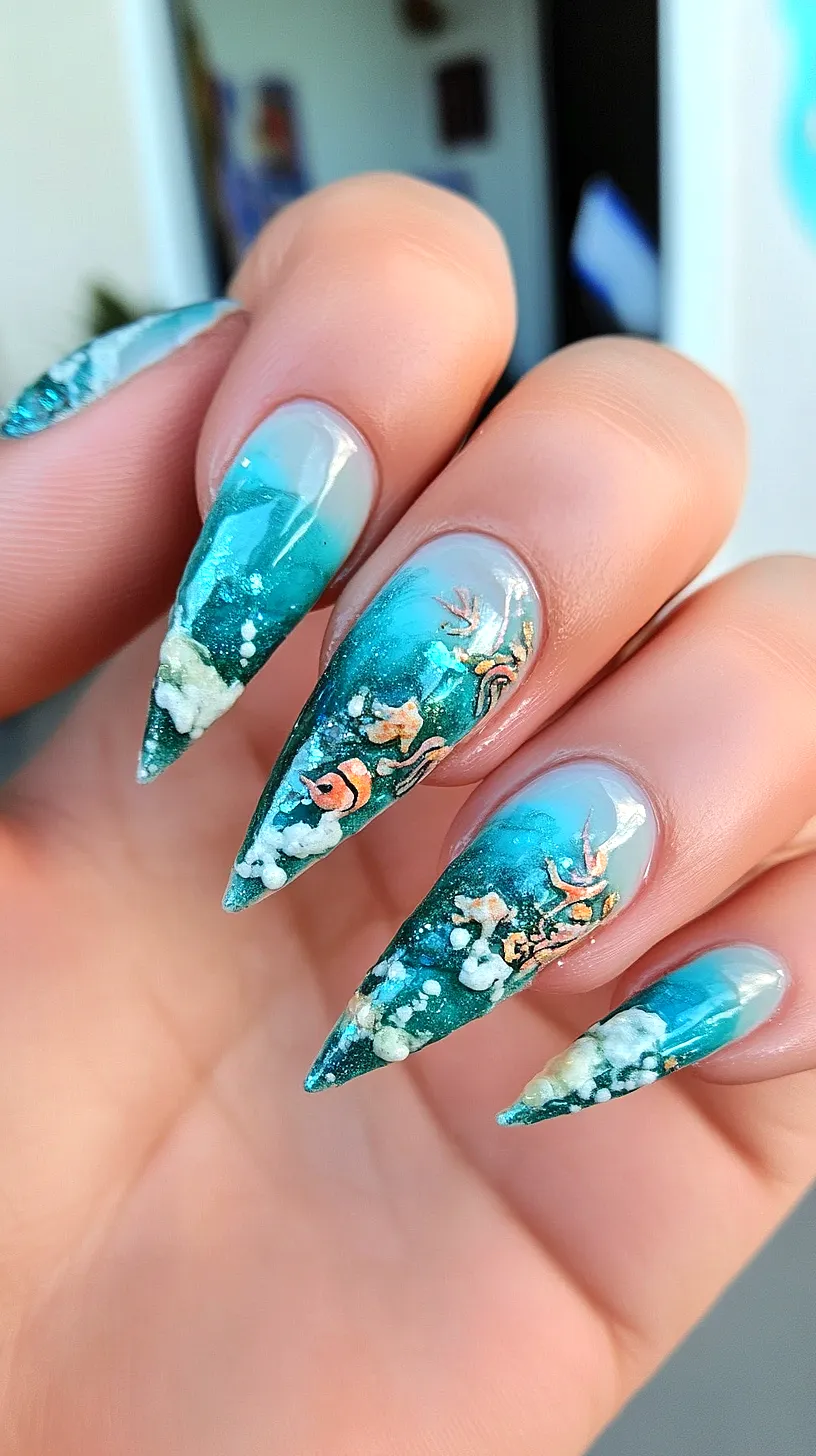 40+ Aesthetic Ocean Nails You Will Adore 32 Ocean-themed nail art featuring gradient blues and detailed designs of marine life. The nails showcase creativity and a love for nature, enhanced by three-dimensional elements for added whimsy.