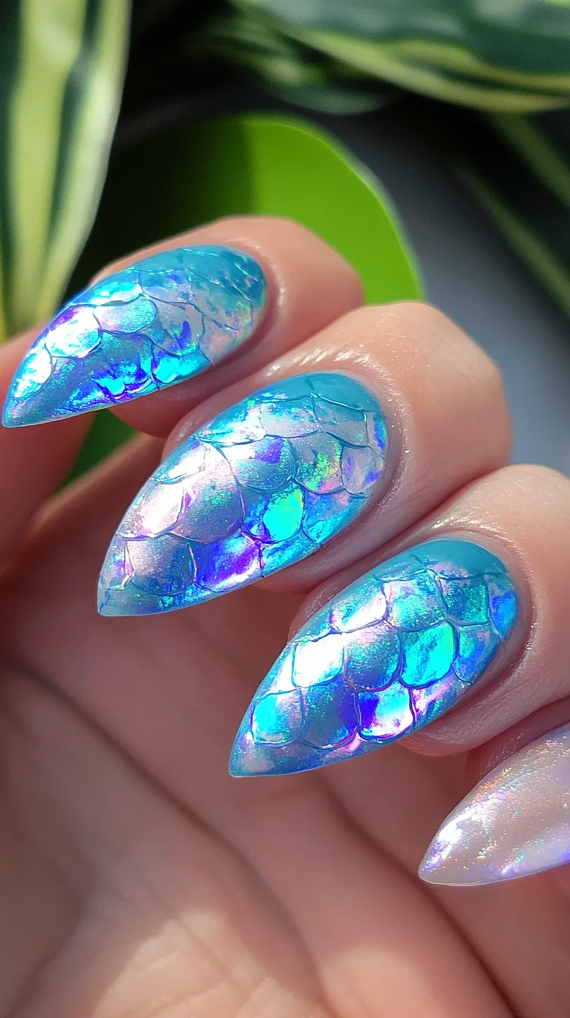 40+ Aesthetic Ocean Nails You Will Adore 43 Mermaid-inspired manicure featuring shiny, reflective aqua and iridescent colors with a holographic effect, resembling mermaid scales.