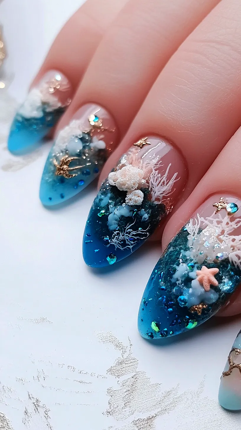 40+ Aesthetic Ocean Nails You Will Adore 33 Ocean-themed nail art featuring a gradient of blue shades mimicking the sea, with 3D elements like coral and starfish, and shiny embellishments that create a magical underwater scene on the fingertips. The design is whimsical, detailed and stands out as a true masterpiece.