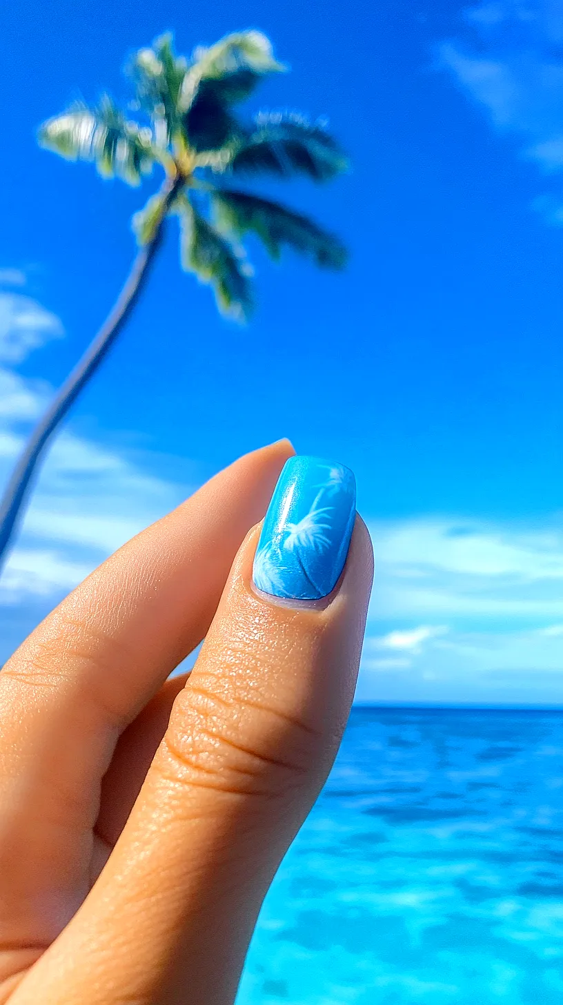 40+ Aesthetic Ocean Nails You Will Adore 45 Blue-painted thumbnail featuring a white palm tree design, with a blurred real palm tree in the background, representing a beach vibe.