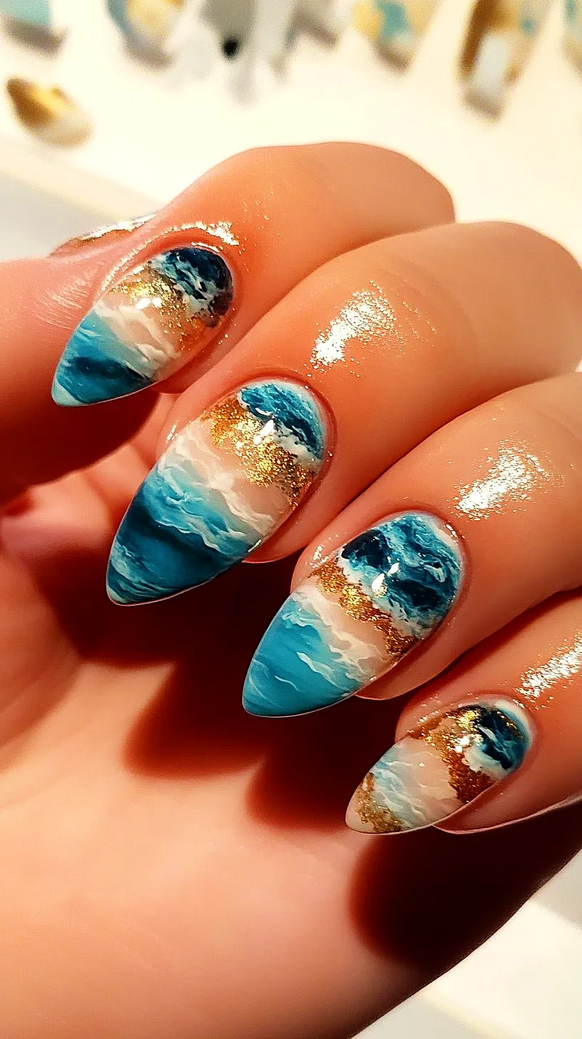 40+ Aesthetic Ocean Nails You Will Adore 21 Ocean wave nail art design featuring a detailed seascape at the fingertips. Nails are painted with a blend of blue, white, and gold, creating depth and dimension. The nails are pointy in shape with a glossy finish, adding a touch of glam. The design is stylish and artistic, resembling a mini ocean.