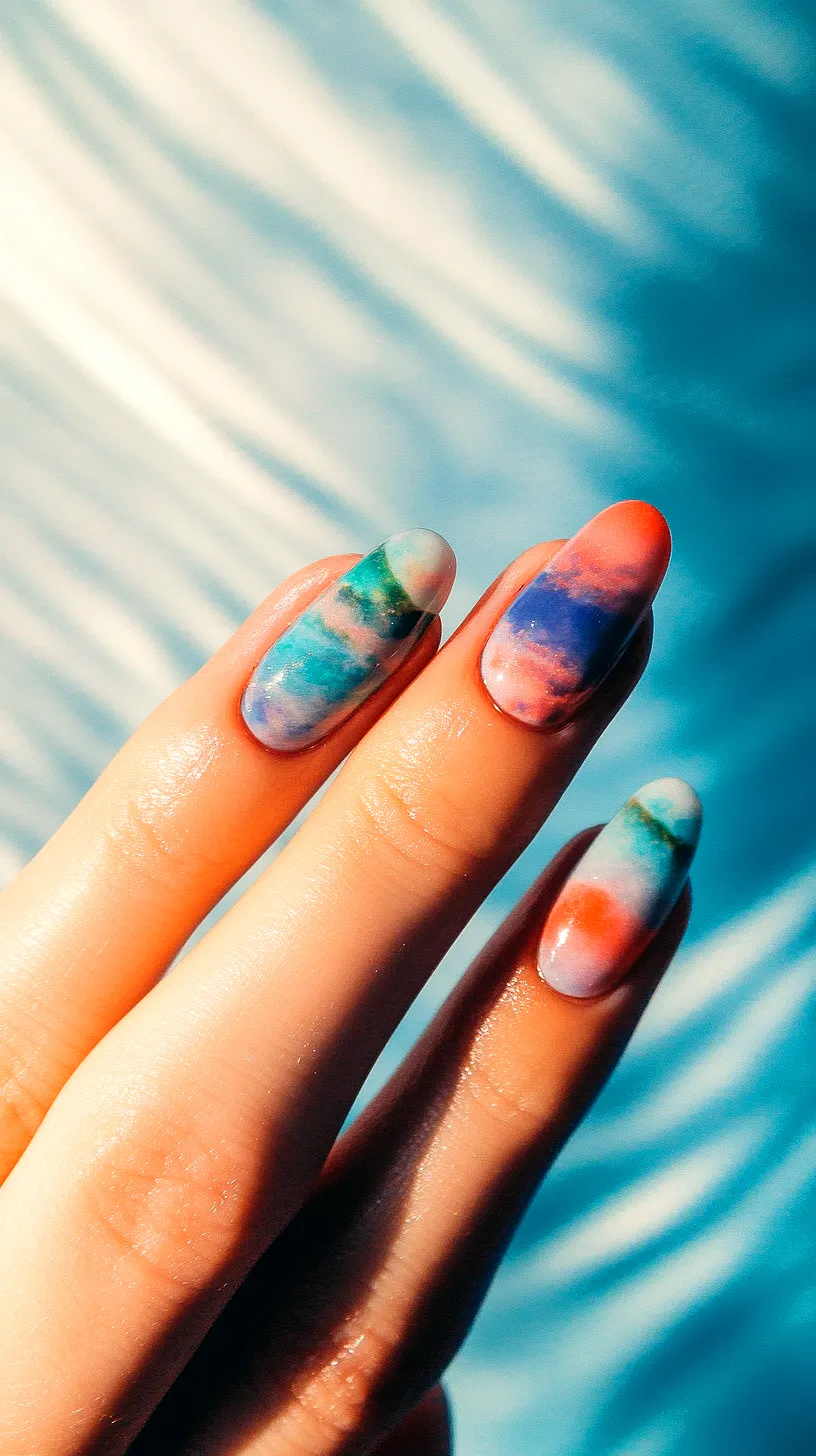 40+ Aesthetic Ocean Nails You Will Adore 22 Vibrant tie-dye nail design featuring blending shades of blue, green, pink, and orange, with a soft blurred blue background, creating a unique, artistic and cool effect.