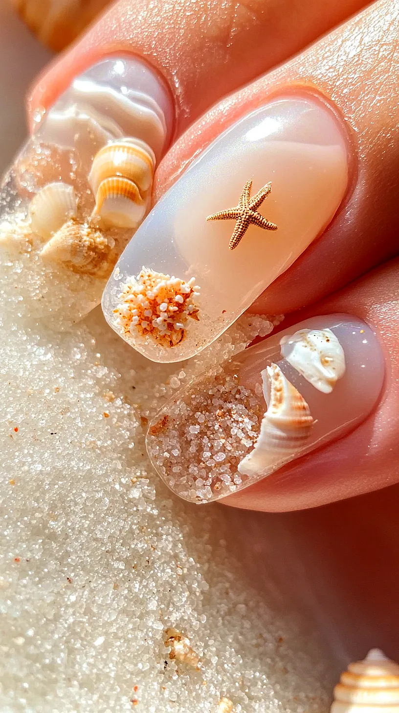 40+ Aesthetic Ocean Nails You Will Adore 5 Image of detailed nail art design featuring a beach scene. Includes miniature seashells, a starfish, and sand-like texture, encapsulating a summer aesthetic.