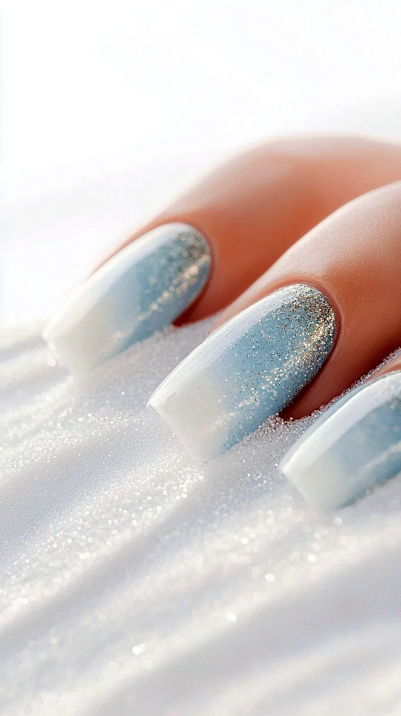40+ Aesthetic Ocean Nails You Will Adore 38 Gradient blue manicure on nails with glitter accents, evoking the image of a winter sky and glistening snowfall.