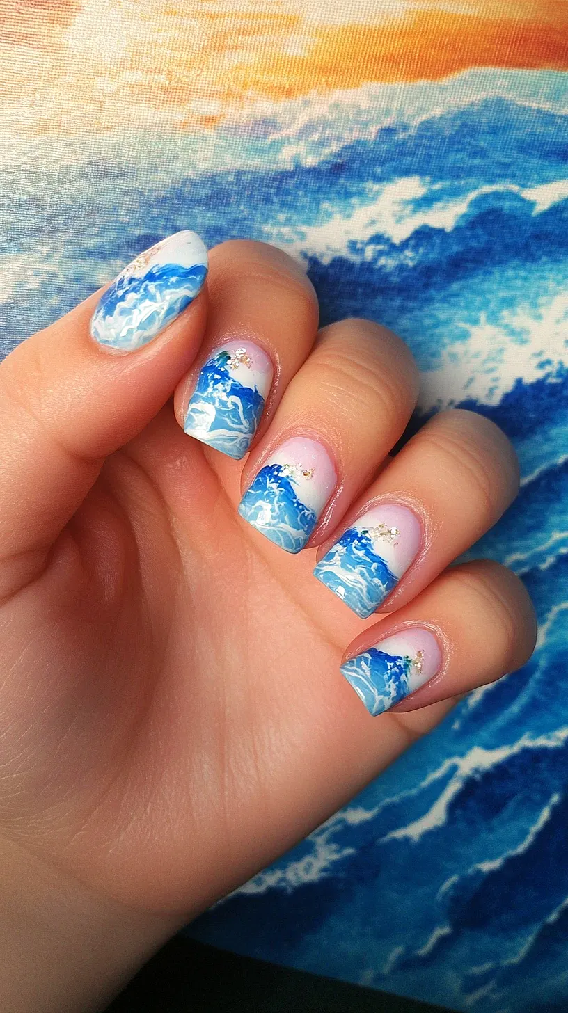 40+ Aesthetic Ocean Nails You Will Adore 9 Image of unique ocean wave nail art design featuring various shades of blue and white, with small sparkly embellishments. The design is set against a matching background enhancing the overall look.