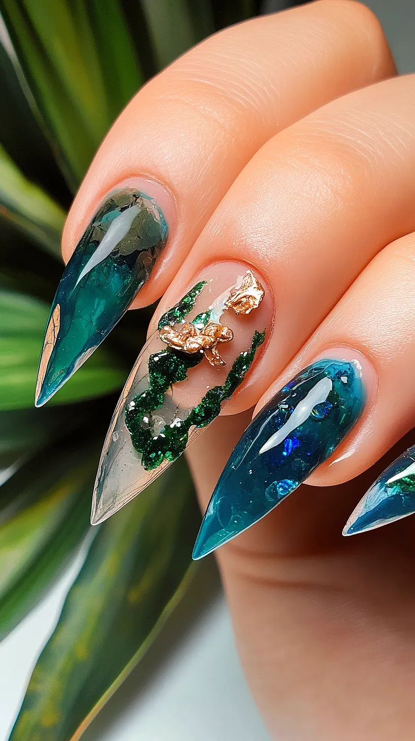 40+ Aesthetic Ocean Nails You Will Adore 28 Close-up image of a unique and beautiful nail design featuring a green and blue color scheme, intricate detailing, glitter and metallic accents, reminiscent of lush, exotic plants. The design is set against a blurred background of green foliage, creating a harmonious aesthetic.