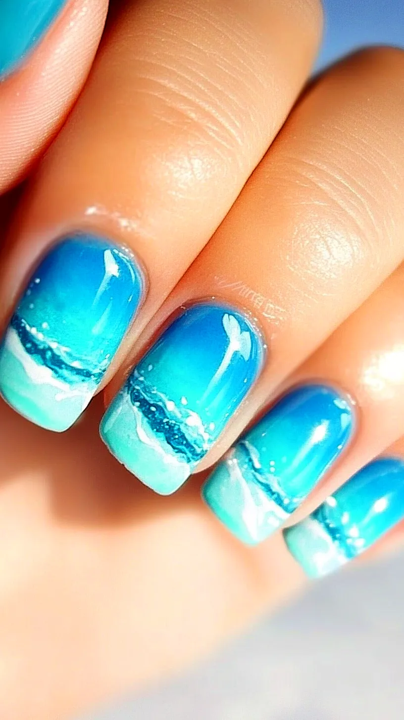 40+ Aesthetic Ocean Nails You Will Adore 13 Ocean-inspired manicure with various shades of blue mimicking sea waves, creating a mesmerizing, artistic, and tranquil beauty on fingertips.