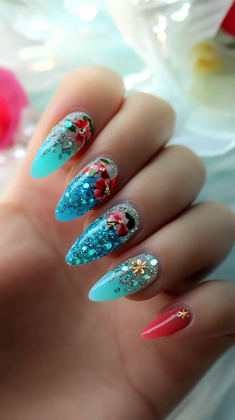 40+ Aesthetic Ocean Nails You Will Adore 16 Image of a stunning nail design featuring a blend of blue shades and glitter, intricate floral patterns, gem-like embellishments, and one solid coral nail with a tiny golden flower, reflecting a unique, colorful, and unexpected style.