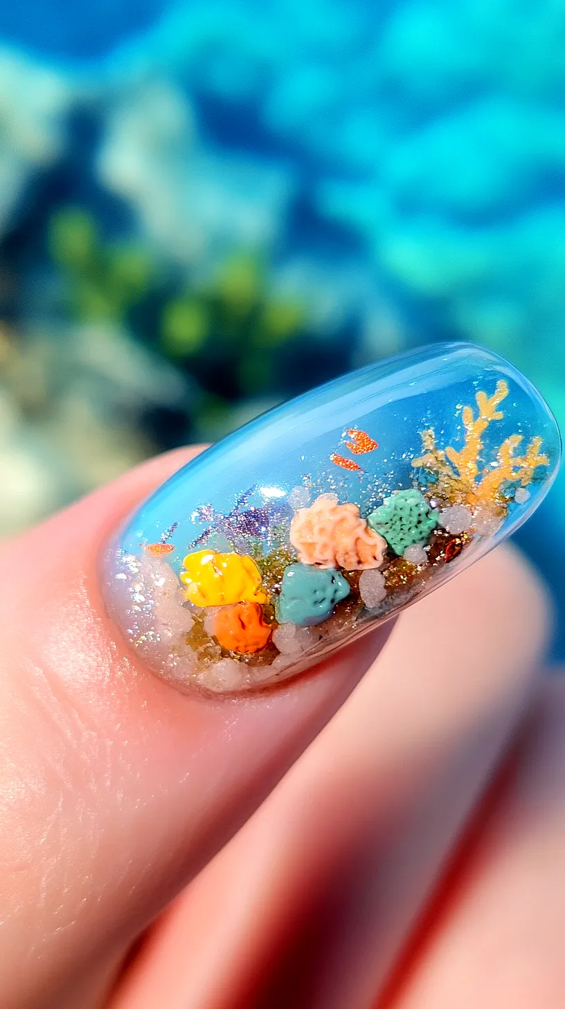 40+ Aesthetic Ocean Nails You Will Adore 17 Underwater-themed nail art featuring a blue background that mimics water, adorned with 3D miniature coral shapes and plant-like pieces in vibrant colors, creating a detailed and lifelike mini aquarium effect on the nails.