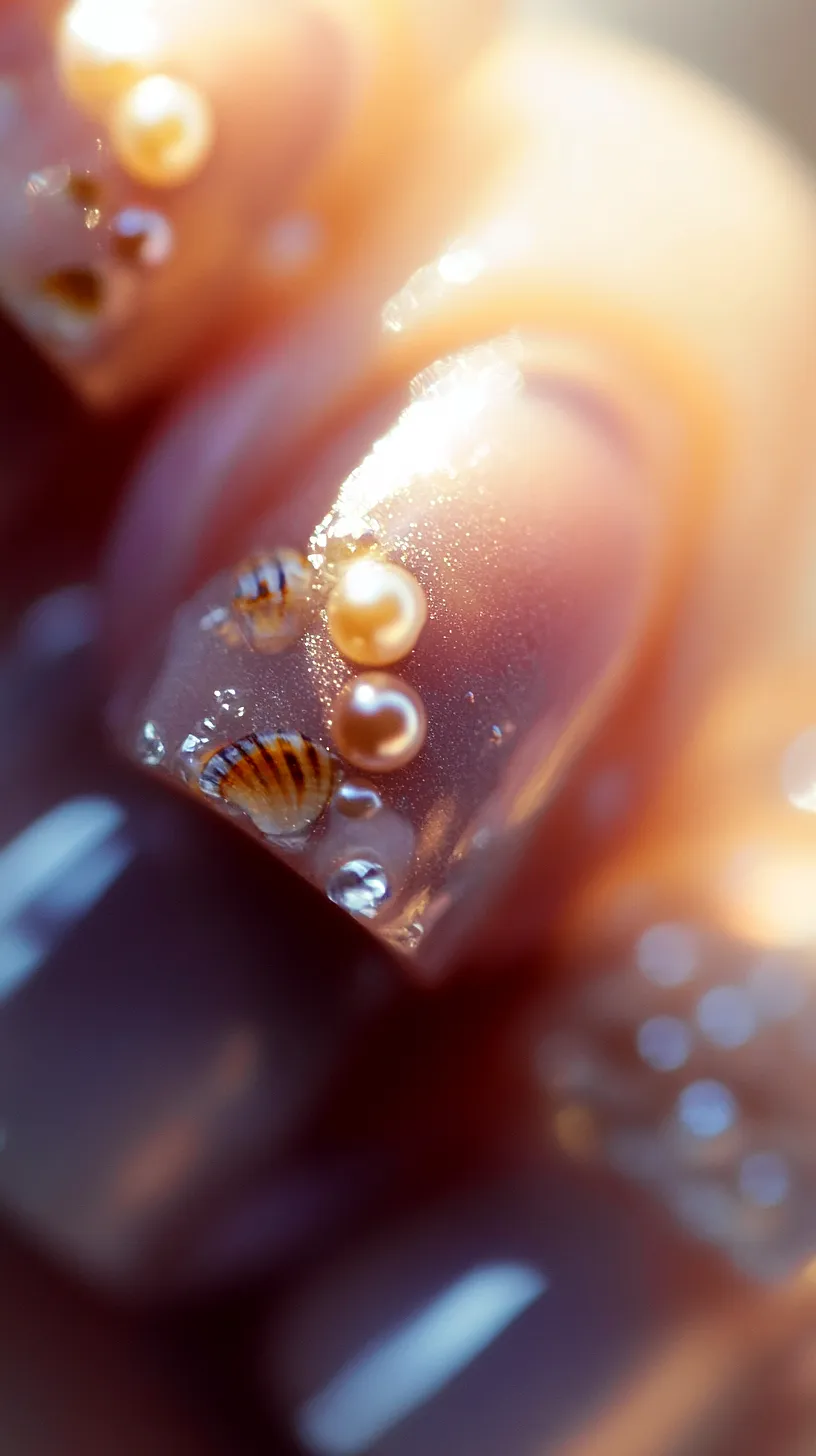 40+ Aesthetic Ocean Nails You Will Adore 36 Image of glamorous nail art featuring tiny pearls, rhinestones, and shell designs, giving it an organic yet chic look with a glossy shimmer that resembles the ocean on a sunny day.