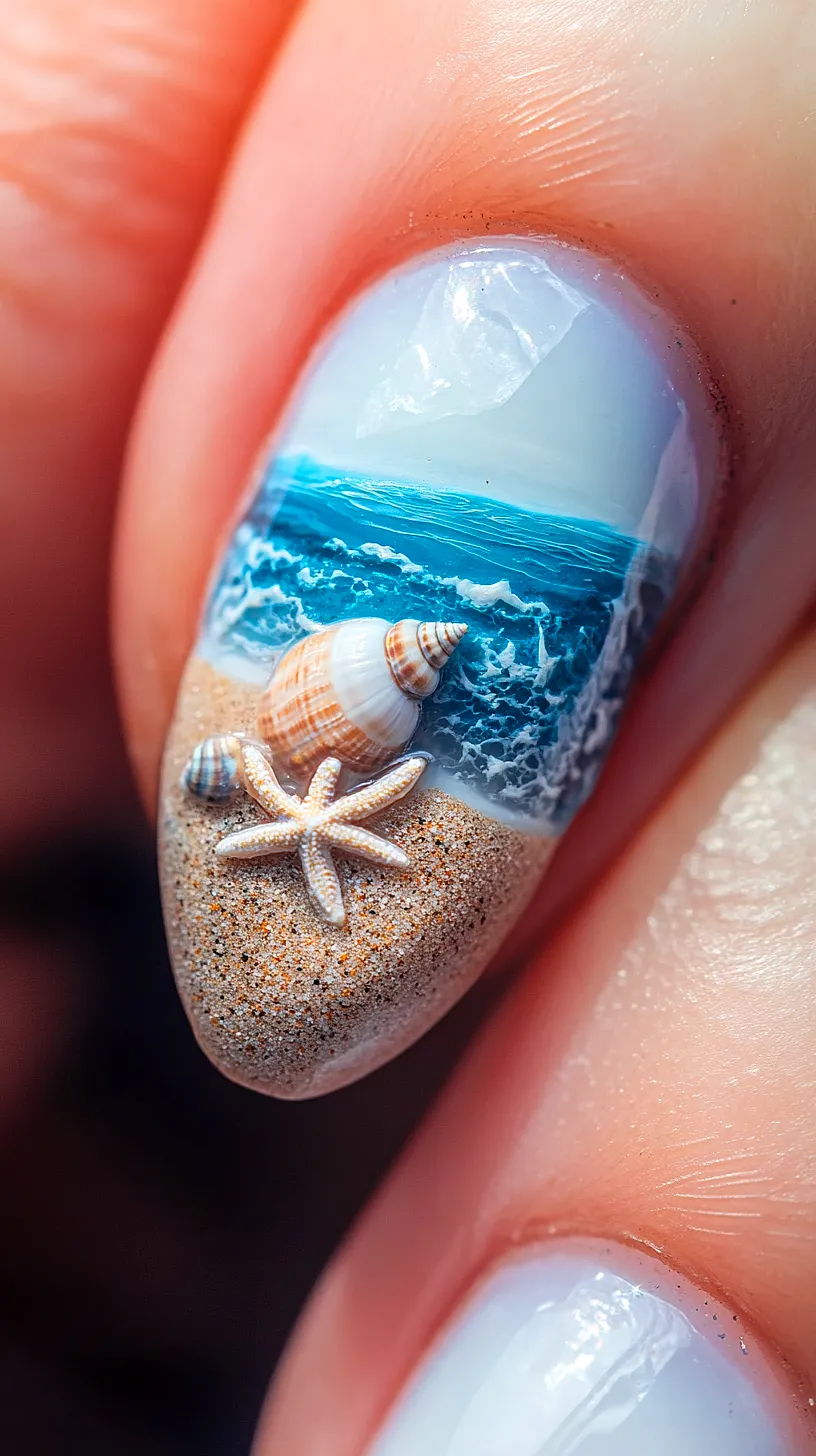 40+ Aesthetic Ocean Nails You Will Adore 4 Image of a detailed nail art design featuring ocean waves, tiny starfish and seashells, conveying a beach vacation theme.