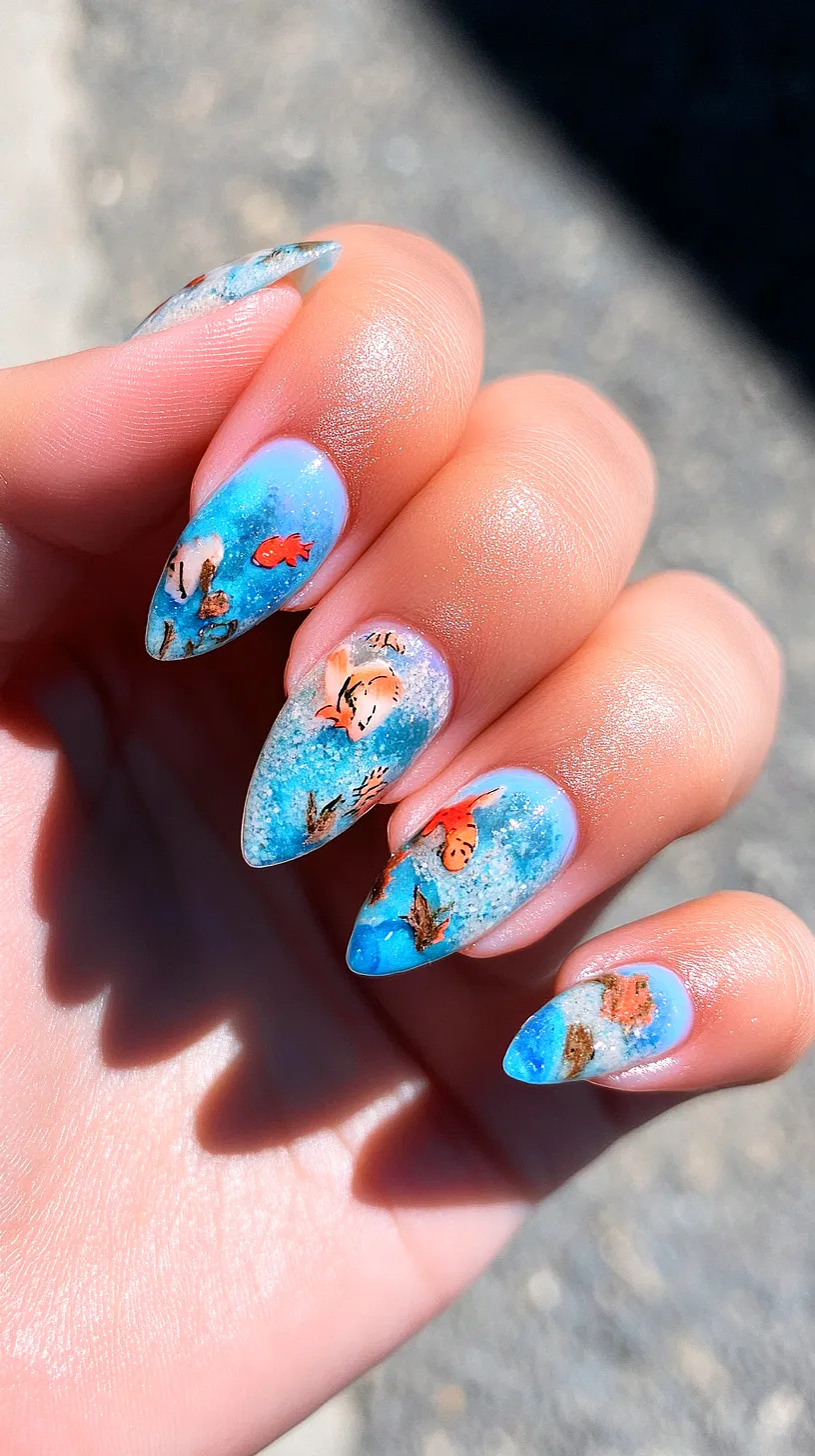 40+ Aesthetic Ocean Nails You Will Adore 31 Image of almond-shaped nails with glossy finish featuring an aquatic-themed design. The nails are painted with captivating water-like blues, adorned with a detailed koi fish design in orange and white accents, creating a serene pond-like effect. The unique and striking design is eye-catching and conversation-starting.