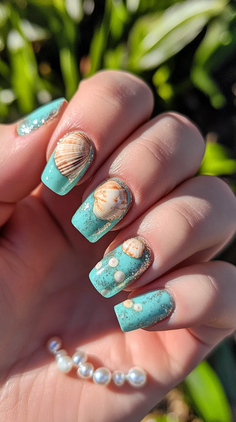 40+ Aesthetic Ocean Nails You Will Adore 35 Image of beach-themed nail art featuring a vibrant turquoise color with glitter accents, and small seashell and pearl embellishments, evoking the impression of sparkling ocean waves.