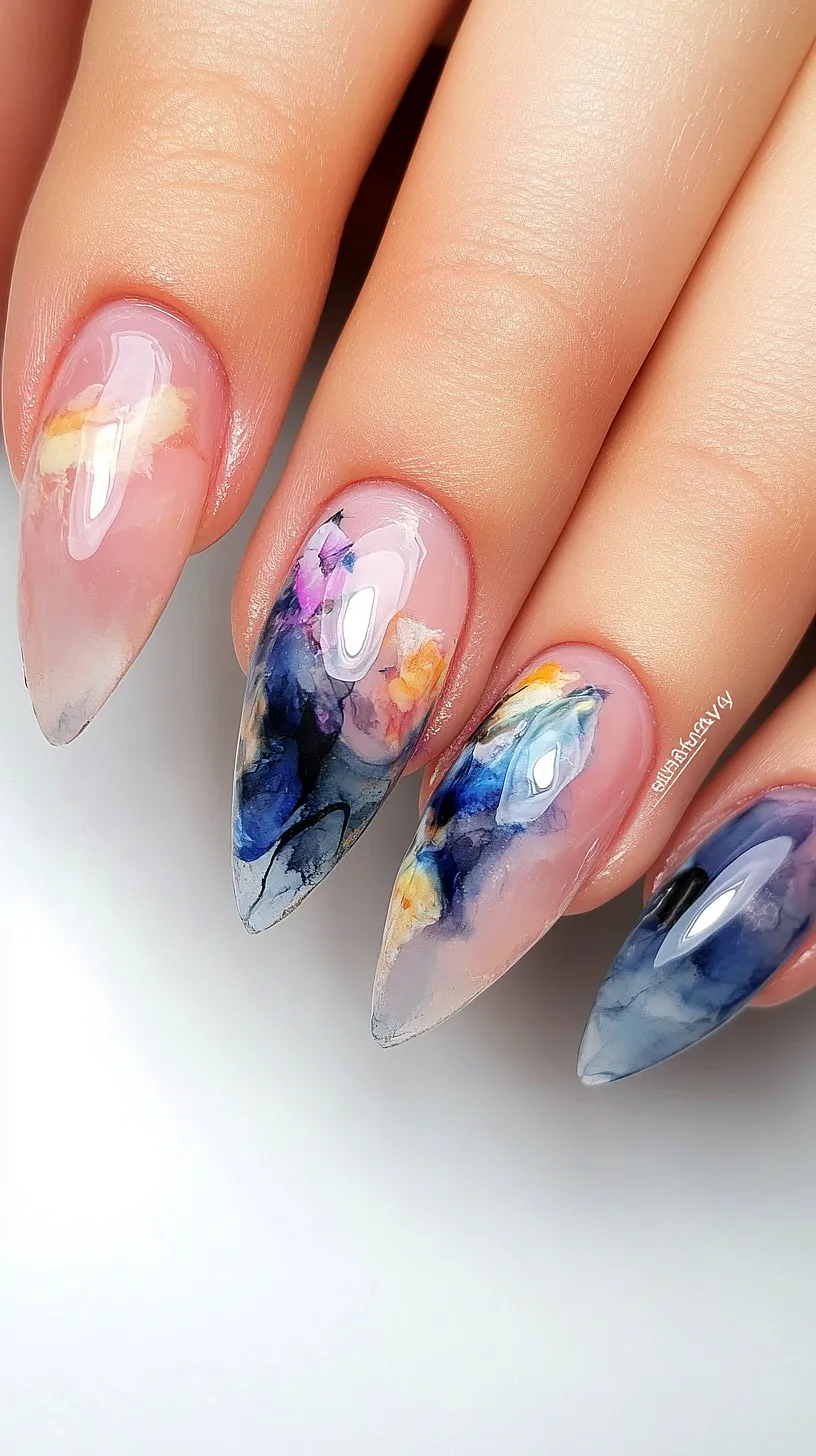 40+ Aesthetic Ocean Nails You Will Adore 24 Abstract watercolor nail design featuring a vibrant blend of blues, purples, yellows, and pinks, creating an eye-catching and unique art piece on each finger.