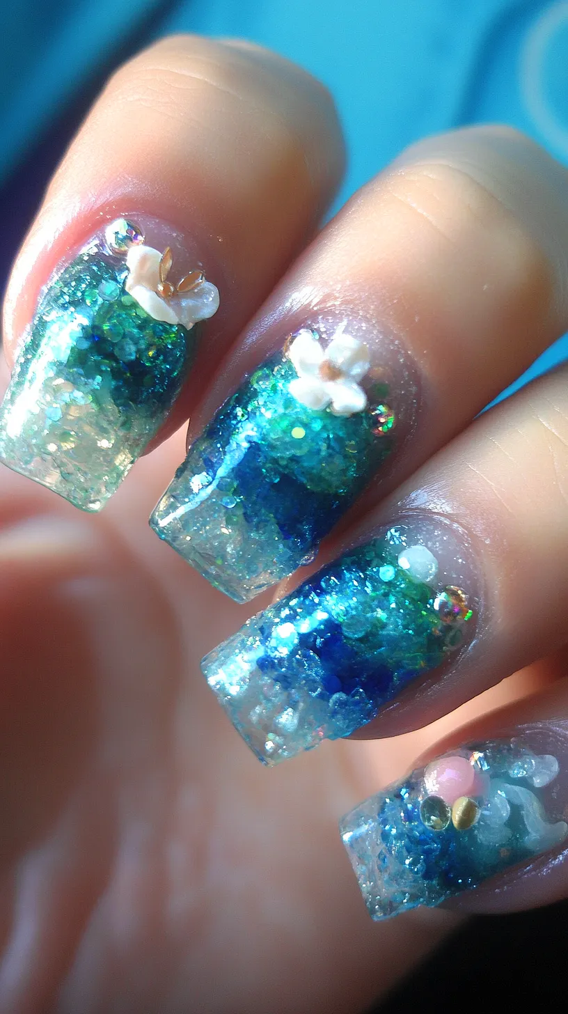 40+ Aesthetic Ocean Nails You Will Adore 12 Glittery blue and green nail art design with tiny flowers and rhinestones, featuring 3D elements for added depth and creativity, creating a unique and captivating fashion statement.